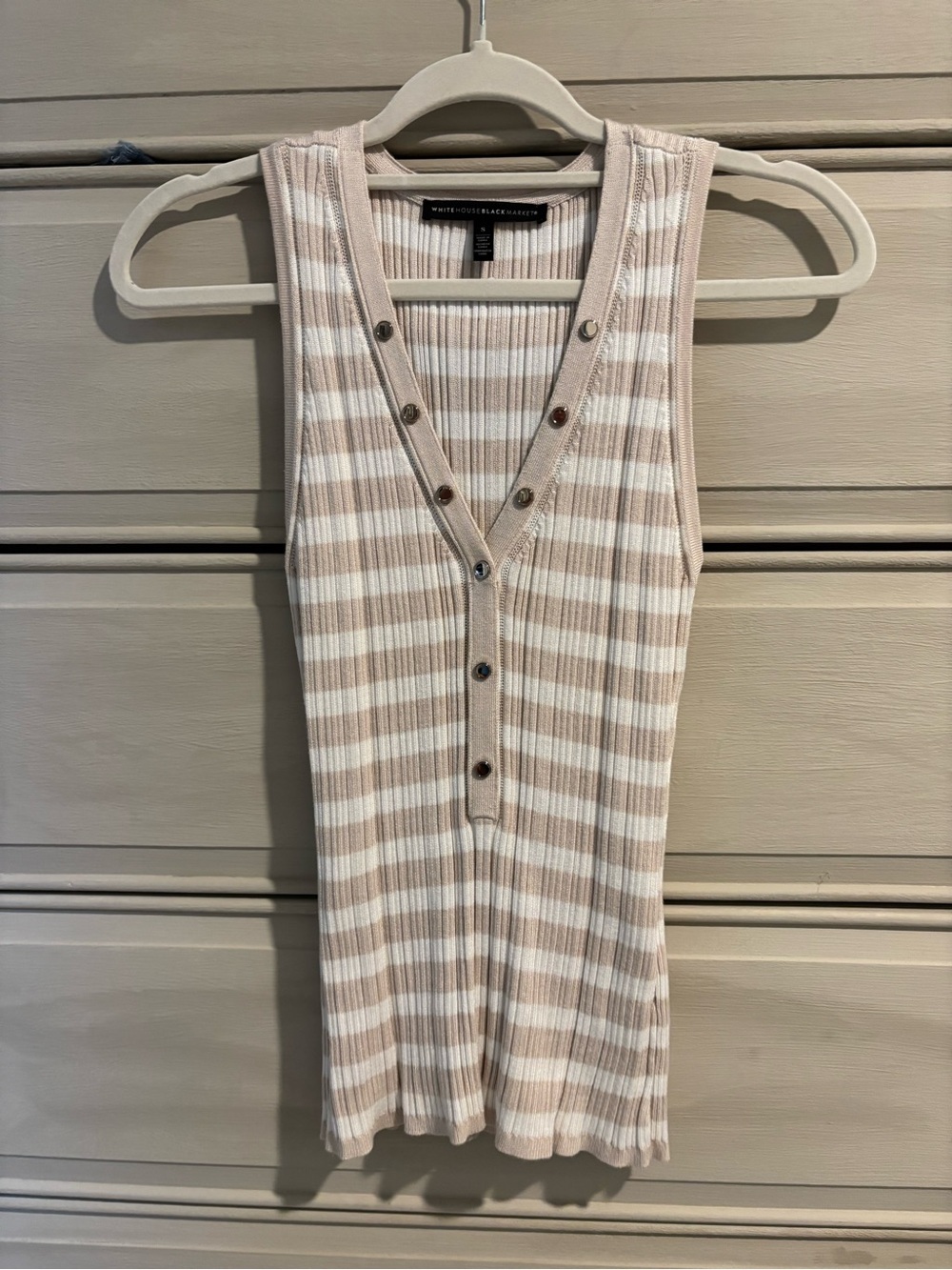 White House Black Market White and Beige Striped Ribbed Tank